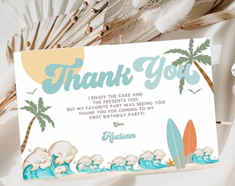 Editable Surfboard Beach Blue Thank You Flat Card The Big One Surf Up Birthday Party Beach Party Thank You Printable Instant Download 630K1