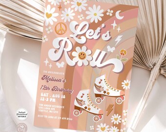 Editable Beige ANY AGE Let's Roll Retro Groovy Roller Skate Birthday Party Invitation Daisy Rainbow Birthday Instant Download 670K2 (1)