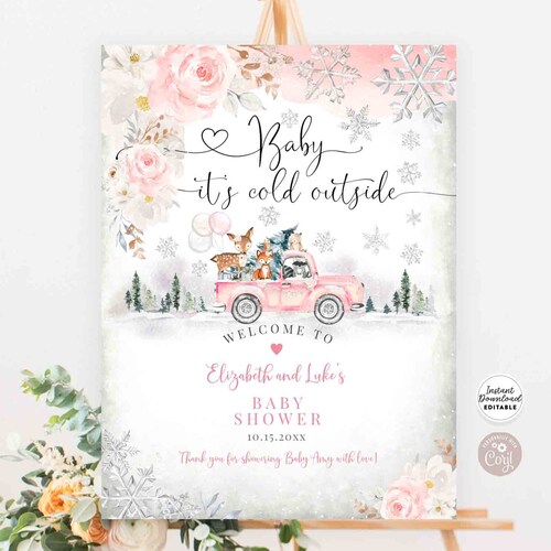Editable Pink Winter Woodland Deer Bear Baby Shower Invitation - Etsy