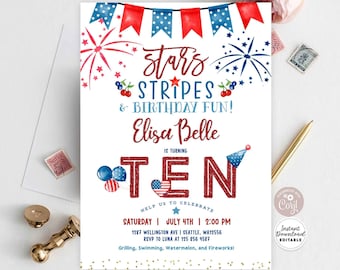 Editable 10th Birthday 4th of July Birthday Invitation Girl Fourth of July, 5th Birthday Invitation Birthday Instant Download AL1561 (10)