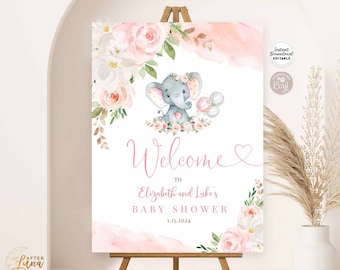 May include: A pink and white welcome sign for a baby shower with a watercolor illustration of a gray elephant holding pink balloons. The text reads "Welcome to Elizabeth and Luke's Baby Shower 1.15.2024".