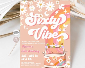 May include: A pink and orange invitation with a groovy 1960s theme. The invitation features a psychedelic rainbow, a white van with flowers, and the text "Sixty is a Vibe".