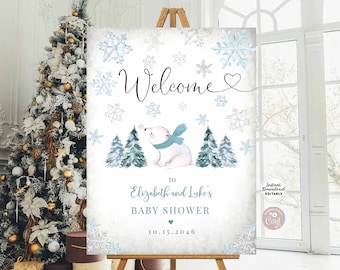 Editable Winter Blue Snowflake Polar Bear Baby Shower White Silver Gray Welcome 24x36 18x24 16x20 Yard Sign Instant Download 874V1