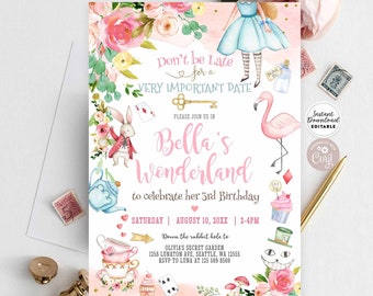 May include: A pink and white Alice in Wonderland themed birthday invitation with a white rabbit, a flamingo, a teacup, a Cheshire cat, and a cupcake. The invitation says "Don't be Late for a Very Important Date" and "Bella's Wonderland to celebrate her 3rd Birthday".