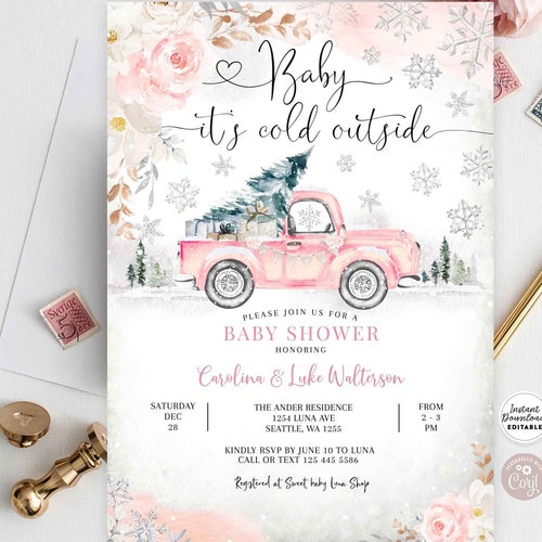 Editable Pink Winter Woodland Deer Bear Baby Shower Invitation - Etsy