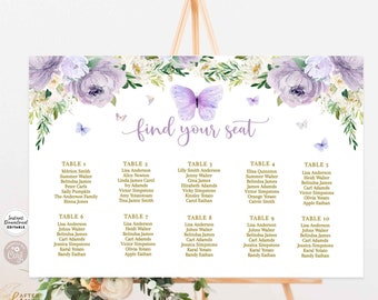 May include: A printable wedding seating chart with a purple butterfly and floral border. The chart is titled "find your seat" and lists tables with guest names.