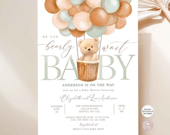 May include: A baby shower invitation featuring a teddy bear in a hot air balloon made of pastel and brown balloons. The invitation reads "We can barely wait Baby" and includes the date, time, and location of the event. The text also says "Anderson is on the way" and "Join us for a Baby Shower honouring Elizabeth and Leo Anderson".