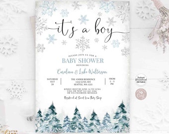 May include: Winter wonderland baby shower invitation with a blue and white snowflake design. The invitation says "It's a boy" and includes details for the event, including the date, time, location, and RSVP information.