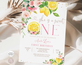 Editable Pink Lemonade First Birthday Invitation Sweet One Lemon Birthday Invitation Sunshine Lemon Birthday Invite Instant Download 157K3