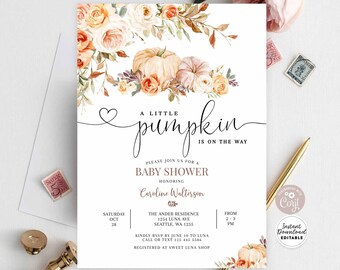 Editable Fall Pumpkin Baby Shower Baby Sprinkle Invitation A Little Pumpkin On the Way Autumn Invite Template Instant Download 29V4 (7)