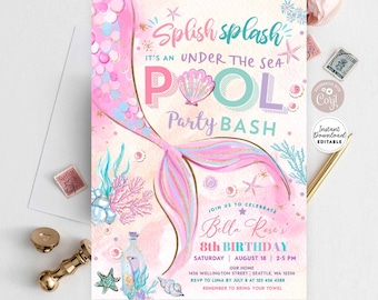 Editable Mermaid Under the Sea Pool Party Invitation Girl Birthday Invite Party Birthday Invite Printable Template Instant Download 1328 (1)