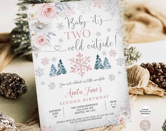Editable Winter Wonderland Pink Gray Silver Snowflake It's Two Cold Outside Snowy Second Birthday Party Template Instant Download K62V2 (5)