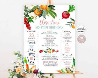 May include: A colorful printable first birthday sign with a watercolor illustration of vegetables and flowers. The sign includes the name "Elisa Luna", the date "August 10, 2028", and details about the child's age, weight, height, and favorite foods and activities.