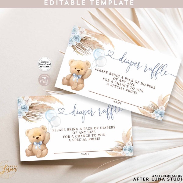 Editable Blue Pampas Grass We Can Bearly Wait Boy Boho Teddy Bear Baby Shower Diaper Raffle Insert Invite Template Instant Download 904V3