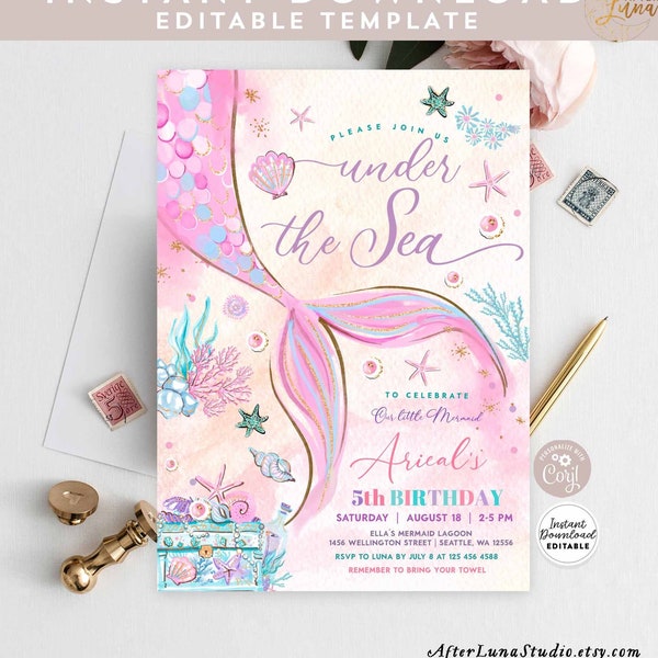 Editable Under the Sea Mermaid Birthday Invitation Girl Little Mermaid Birthday Invite Invites Printable Template Instant Download 1328 (3)