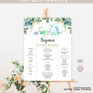 May include: An editable birthday template featuring a watercolor dinosaur theme. The poster includes the child's name, weight (23 pounds), height (28 inches), and other details. The top of the poster has the text "Instant Download Editable Template".