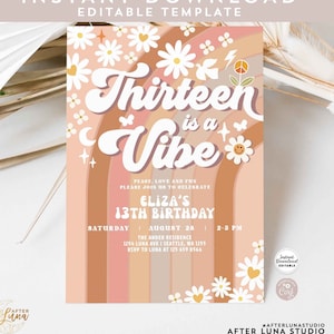 Editable Fall Groovy 13th Birthday Invite Daisy Rainbow Thirteen is a Vibe Earthy 70&#39;s Birthday Invitation Instant Download 633K5 (13-2)