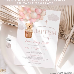 Faire-part de baptême en montgolfière modifiable fille ours en peluche Beary inviter Beary à télécharger 905B3 (1)