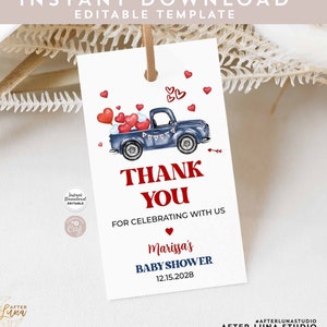 Edytowalny Walentynkowy Niebieski Granatowy Ciężarówka Dziękuję Ci Smakołyk Etykieta Baby Shower Urodziny Posypka Chłopięce Etykiety Upominkowe Etykieta Prezentowa Edytowalny Szablon 856V1