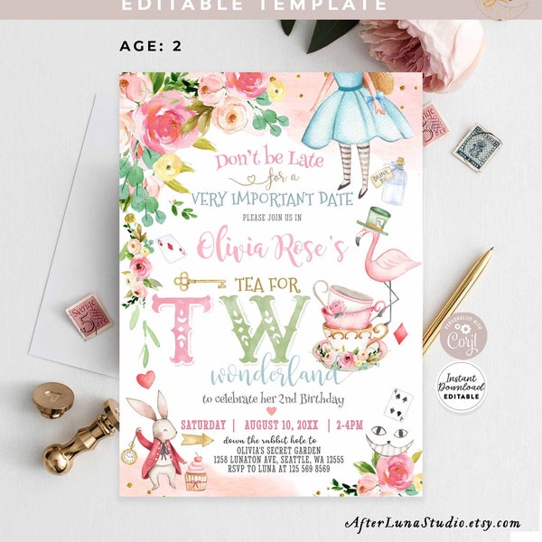 Editable Alice in Wonderland Invitation Tea for TWO Wonderland Birthday Mad Tea Party Invite Printable Template Instant Download 789 (3)