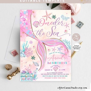 Editable ONEder the Sea Mermaid First 1st Mermaid Birthday Little Mermaid Birthday Invite Printable Template Instant Download 1328 (5)