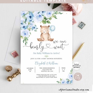Editable Blue Floral Teddy Bear Baby Shower Baby Sprinkle Invite Boy Bear We Can Bearly Wait Invitation Template Instant Download 67V4 (3)