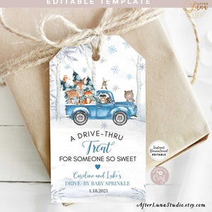 Edytowalny zimowy las niebieski ciężarówka Drive By Thru słodki smakołyk etykieta Baby Shower Sprinkle Shower etykiety upominkowe etykieta prezentowa edytowalny szablon 721V3