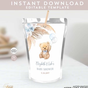 Pode incluir: Um modelo imprimível para um favor de caixa de suco de chá de bebê. O design apresenta um urso de pelúcia segurando balões, um arranjo floral e o texto "Chá de Bebê de Elizabeth & Luke 5.18.2057".
