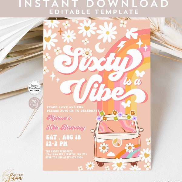 Editable SIXTY is a Vibe Van Birthday 60th Bright Pink Peach Groovy Birthday Daisy Hippie Birthday Invitation Instant Download 633K6 (60)