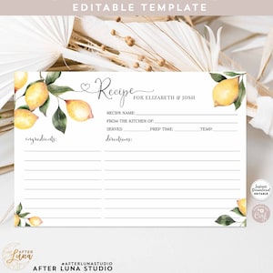 Editable Personalized Rustic Lemon Recipe Card Greenery Lemon Baby Bridal Shower Recipe Card Printable Template Instant Download 237BR