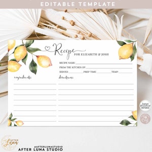 Editable Personalized Rustic Lemon Recipe Card Greenery Lemon Baby Bridal Shower Recipe Card Printable Template Instant Download 237BR