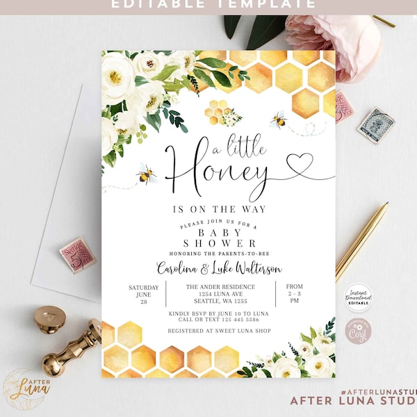 Editable Bee A Little Honey Baby Shower Invitation Gender Neutral Honey Bee Baby Shower Invite Printable Template Instant Download 845V1 (7)