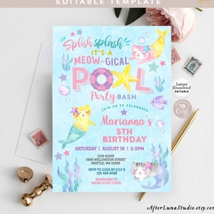 Editable Pool Party Invitation Girl Cat Mermaid Pool Party Invite Mermaid Cat Purrmaid Birthday Party Invite Template Instant Download 330V2