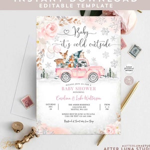 Editable Pink Winter Woodland Deer Bear Baby Shower Invitation Girl Blush Truck Baby It's Cold Outside Invite Instant Download 1319V1 (2)