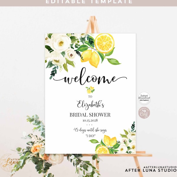 Editable White Floral Lemon Rustic Bridal Shower Baby Shower Sprinkle Welcome Sign Sign 24x36 18x24 16x20 Template Instant Download 157BR3