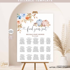 Bewerkbare TWINS BOY GIRL Fall Blue Mauve Pumpkin Seating Chart Baby Shower Sprinkle Seating Chart Afdrukbare sjabloon Instant Download 29V11