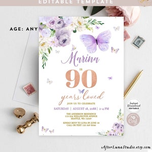 Modificabile ANY AGE Adult Women Purple Lavender Butterfly 90th 80th 70th Birthday Invitation Invite Printable Template Instant Download 554A