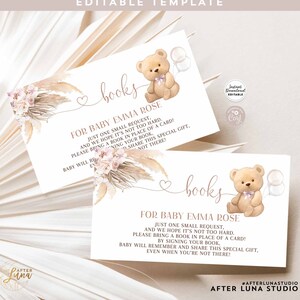 May include: A printable baby shower card with a watercolor illustration of a teddy bear holding balloons and a bouquet of pampas grass. The card reads "books for baby Emma Rose" and asks guests to bring a book in place of a card.
