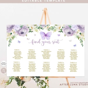 Editable Butterfly Purple Pink Baby Shower Sprinkle Bridal Baptism Shower Birthday Seating Chart  Template Instant Download 554BB
