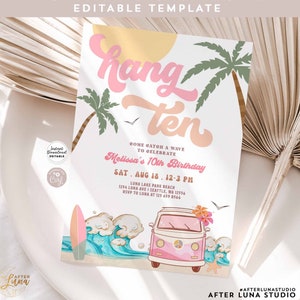 Editable 10th Birthday Hang Ten Invite Pink Surfing Birthday Invitation Surf Van Surfboard Beach Party Invite Instant Download 661K1 (3-1)