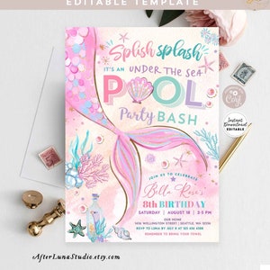 Editable Mermaid Under the Sea Pool Party Invitation Girl Birthday Invite Party Birthday Invite Printable Template Instant Download 1328 (1)