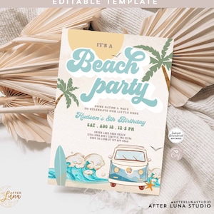 Editable It&#39;s a Beach Party Surfing Birthday Party Invitation Retro Boy Surf Van Surfboard Beach Party Invite Instant Download 661K3 (7)
