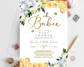 Modificabile Blu Floreale Miele Oh baby Ape Baby Shower Ragazzo Sprinkle Invito Baby Boy Bee Honey Shower Template Download istantaneo 1574V3 (1)