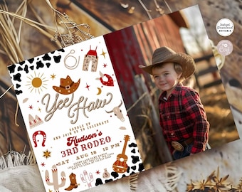 May include: A printable invitation for a rodeo themed birthday party. The invitation features a cowboy hat, boots, a horseshoe, a cactus, a guitar, and a cow. The text on the invitation reads "Yee Haw! Saddle up and join us to celebrate Hudson's 3rd Rodeo. Sat Aug 18 12 PM. Green Lake Park Ranch 1234 Lone Star, Battle Creek, WA. RSVP to Luna at 123-456-7890."