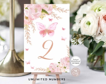 Editable Rose Gold Butterfly 4x6" 5x7" Table Number Unlimited Number Baby Shower Birthday Brunch Table Decor Template Instant Download 1406