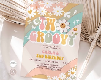 Editable TWO Groovy Invite 2nd Birthday Invite Groovy Birthday Earthy Daisy Hippie 70's Retro Birthday Invitation Instant Download 665K9 (2)