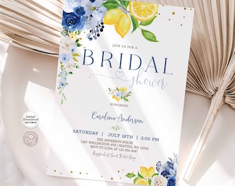 Editable Blue Lemon Bridal Shower Invitation Blue Floral Citrus Bridal Shower Invite Template Instant Download 157BR5 (3)