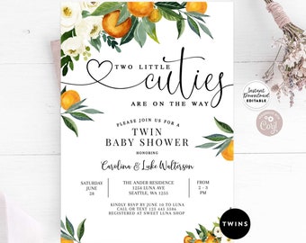 Puede incluir: Una tarjeta blanca con una ilustración de acuarela de flores de azahar y hojas. El texto dice "Two Little Cutie Are On The Way" y "Twin Baby Shower Honoring Carolina & Luke Walterson". La tarjeta también incluye la fecha, la hora y la ubicación del evento.