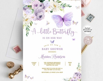 May include: Purple and white baby shower invitation with a butterfly design. The text reads "A little Butterfly is on her way." The invitation includes the date, time, and location of the shower, as well as the name of the honoree, Marina Harrison.