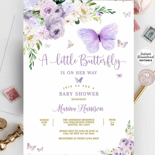 Purple Butterfly Baby Shower Invitation Template Blush Pink Etsy